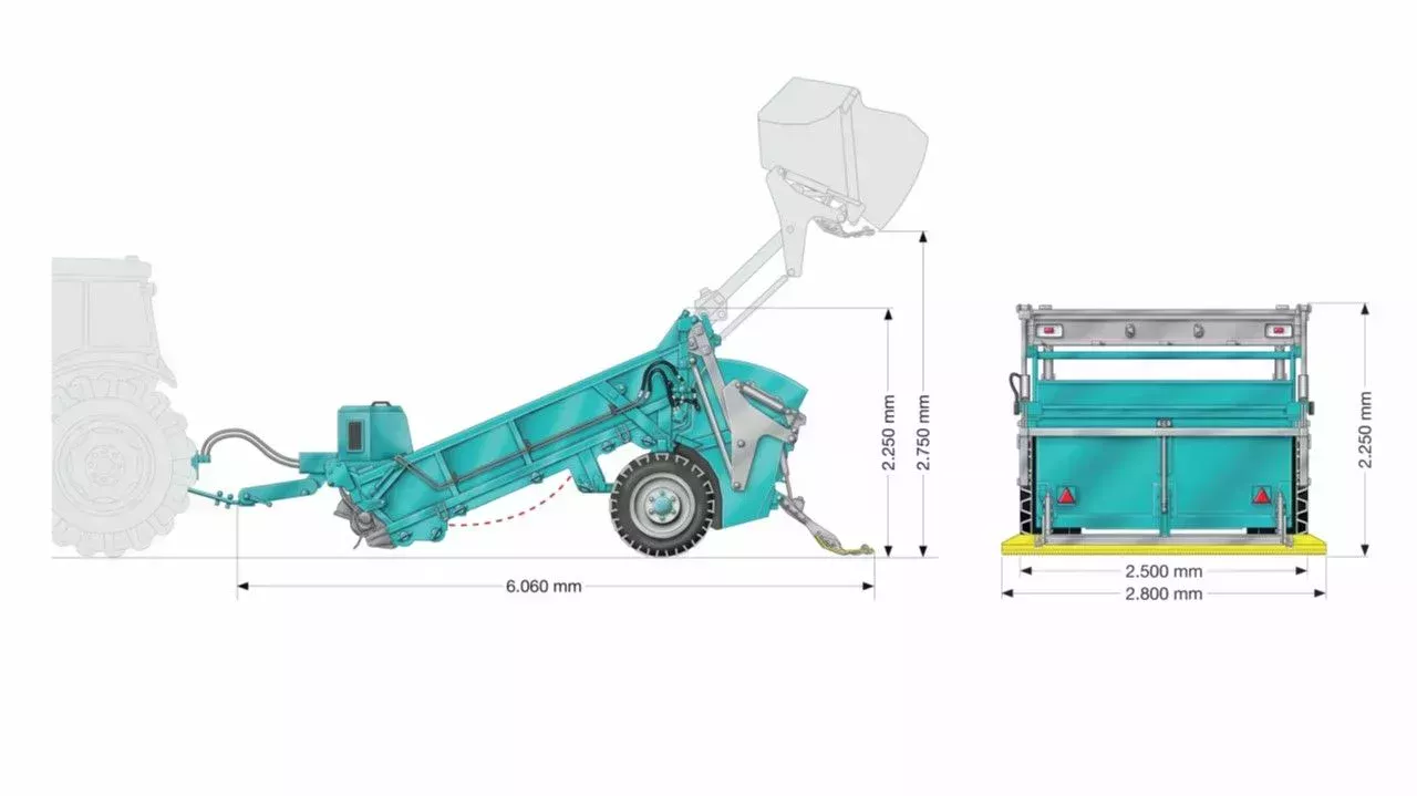 Gezogener Strandreiniger BeachTech 2500 technische Zeichnung mit Bemaßung Seitenansicht und Hinteransicht