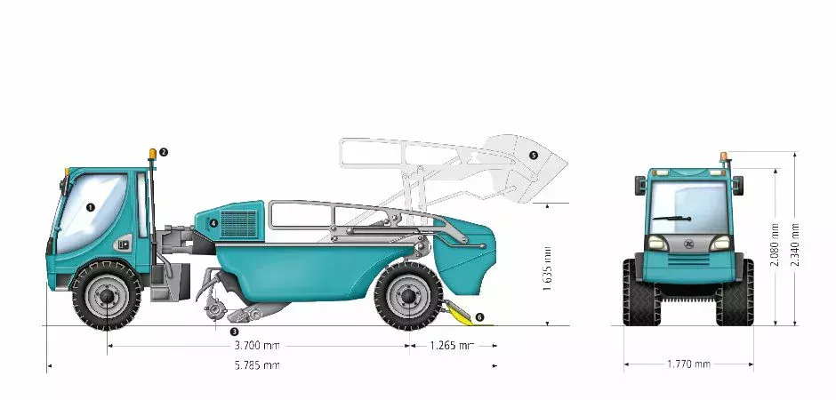 Nettoyeur de plage autopropulsé BeachTech Marina dessin technique avec dimensions vue de côté et vue de face