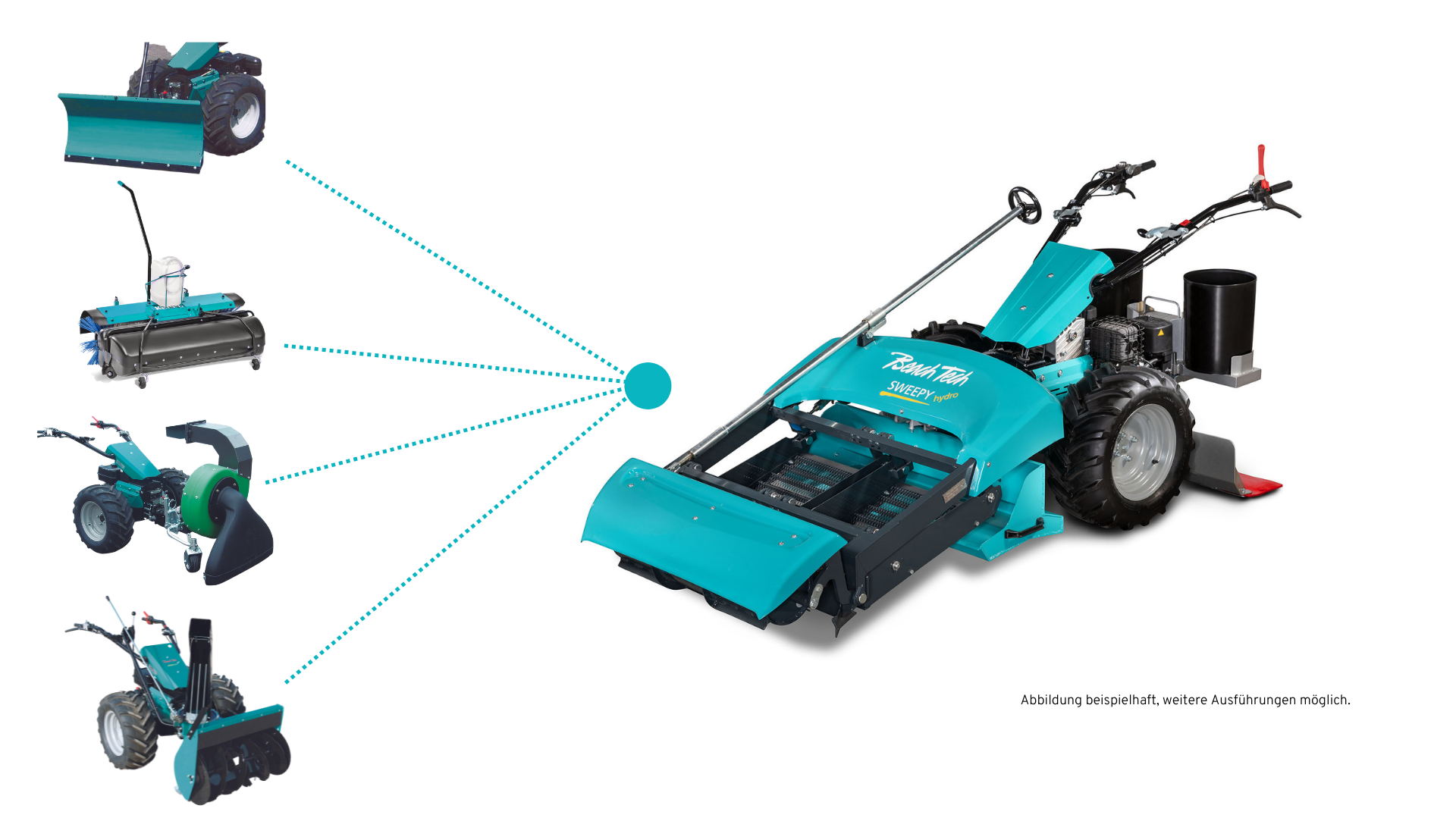 Il BeachTech Sweepy si trasforma in spazzaneve, spazzatrice stradale, aspirafoglie o fresa neve in pochissimo tempo. Sono disponibili ulteriori attrezzature ad applicare. Il BeachTech Sweepy si trasforma in spazzaneve, spazzatrice stradale, aspirafoglie o fresa neve in pochissimo tempo. Sono disponibili ulteriori attrezzature ad applicare.