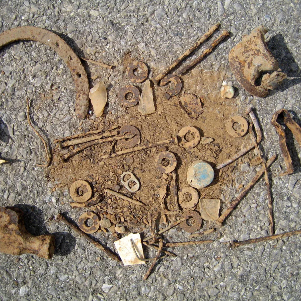 Gesammelte scharfe Metallteile, die bei der Reitplatzreinigung entfernt wurden.