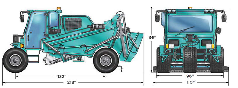 Self-propelled beach cleaner BeachTech 5500 3-wheel design technical drawing with dimension front view and side view