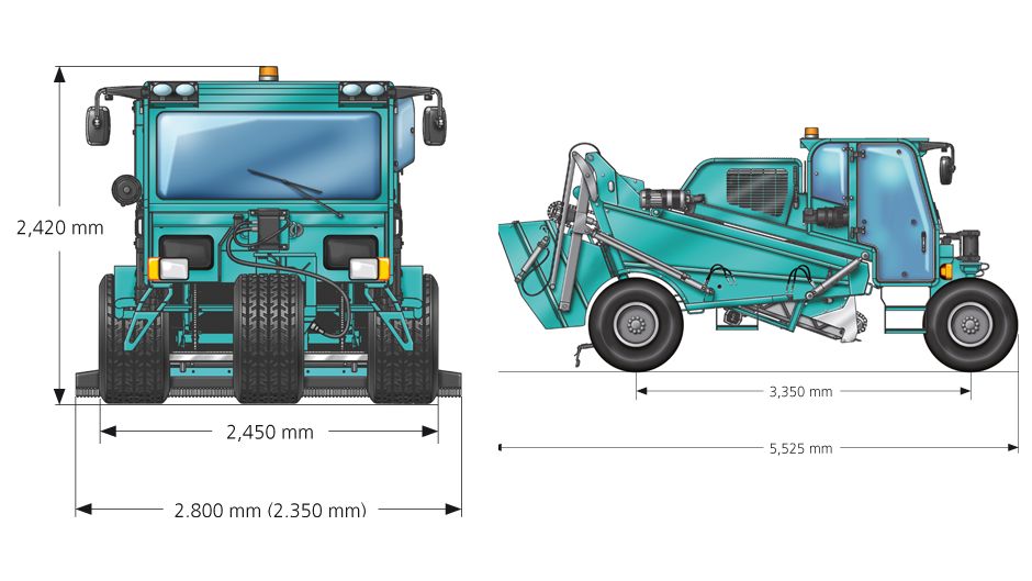 Self-propelled beach cleaner BeachTech 5500 3-wheel design technical drawing with dimension front view and side view