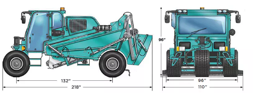 Self-propelled beach cleaner BeachTech 5500 3-wheel design technical drawing with dimension front view and side view
