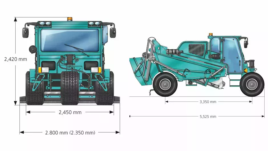 Limpiaplaya autopropulsado BeachTech 5500 diseño de 3 ruedas dibujo técnico con dimensiones vista frontal y vista lateral 