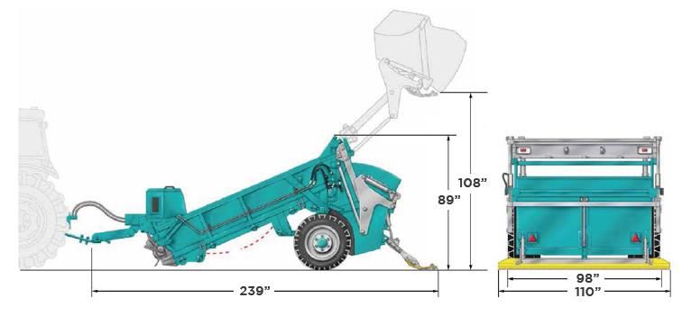 Gezogener Strandreiniger BeachTech 2500 technische Zeichnung mit Bemaßung Seitenansicht und Hinteransicht