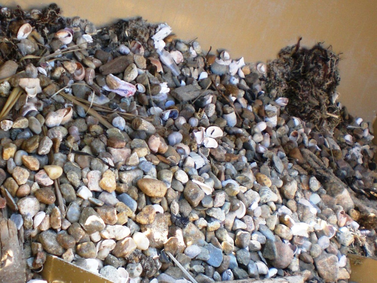 Sammelbehälter mit Steinen aus der Sandreinigung.